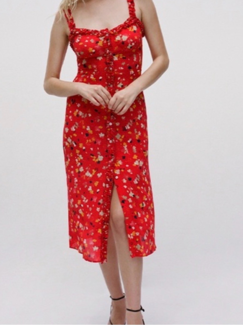 Realisation Par Red Floral Midi Dress with Button Front
